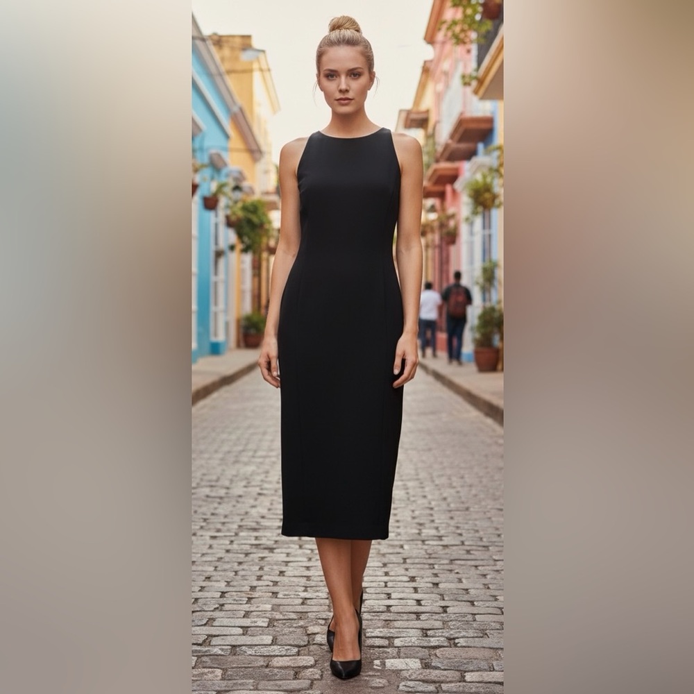 Vintage Ann Taylor Classic Black Midi Sheath Dress Size 10 - Picture 2 of 9